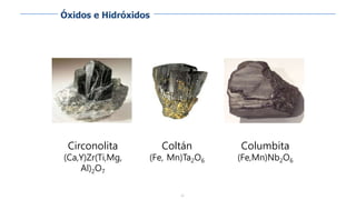 61
Circonolita
(Ca,Y)Zr(Ti,Mg,
Al)2O7
Coltán
(Fe, Mn)Ta2O6
Columbita
(Fe,Mn)Nb2O6
Óxidos e Hidróxidos
 
