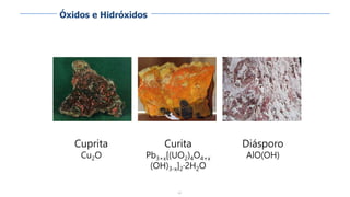63
Cuprita
Cu2O
Curita
Pb3+x[(UO2)4O4+x
(OH)3-x]2·2H2O
Diásporo
AlO(OH)
Óxidos e Hidróxidos
 
