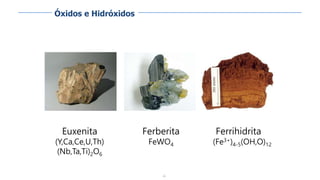 65
Euxenita
(Y,Ca,Ce,U,Th)
(Nb,Ta,Ti)2O6
Ferberita
FeWO4
Ferrihidrita
(Fe3+)4-5(OH,O)12
Óxidos e Hidróxidos
 