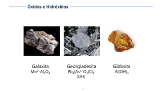 67
Galaxita
Mn2+Al2O4
Georgiadesita
Pb4(As3+O3)Cl4
(OH)
Gibbsita
Al(OH)3
Óxidos e Hidróxidos
 