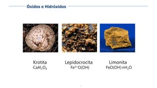 72
Krotita
CaAl2O4
Lepidocrocita
Fe3+O(OH)
Limonita
FeO(OH)·nH2O
Óxidos e Hidróxidos
 
