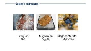 73
Litargirio
PbO
Maghemita
Fe2.67O4
Magnesioferrita
Mg(Fe3+)2O4
Óxidos e Hidróxidos
 