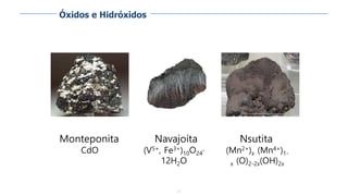 77
Monteponita
CdO
Nsutita
(Mn2+)x (Mn4+)1-
x (O)2-2x(OH)2x
Navajoíta
(V5+, Fe3+)10O24·
12H2O
Óxidos e Hidróxidos
 