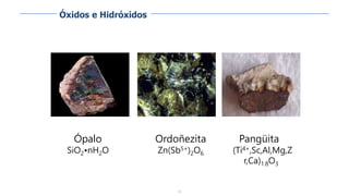 78
Ópalo
SiO2•nH2O
Ordoñezita
Zn(Sb5+)2O6
Pangüita
(Ti4+,Sc,Al,Mg,Z
r,Ca)1.8O3
Óxidos e Hidróxidos
 