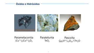 79
Paramelaconita
(Cu1+)2(Cu2+)2O3
Paratelurita
TeO2
Pascoíta
Ca3(V5+)10O28·17H2O
Óxidos e Hidróxidos
 