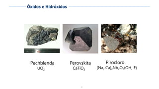 80
Pechblenda
UO2
Perovskita
CaTiO3
Pirocloro
(Na, Ca)2Nb2O6(OH, F)
Óxidos e Hidróxidos
 