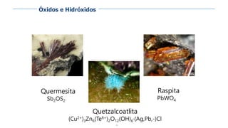 83
Quermesita
Sb2OS2
Quetzalcoatlita
(Cu2+)3Zn6(Te6+)2O12(OH)6·(Ag,Pb,-)Cl
Raspita
PbWO4
Óxidos e Hidróxidos
 