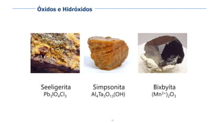 86
Seeligerita
Pb3IO4Cl3
Bixbyíta
(Mn3+)2O3
Simpsonita
Al4Ta3O13(OH)
Óxidos e Hidróxidos
 