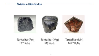 88
Tantalita-(Fe)
Fe2+Ta2O6
Tantalita-(Mg)
MgTa2O6
Tantalita-(Mn)
Mn2+Ta2O6
Óxidos e Hidróxidos
 