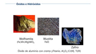 93
Wolframita
(Fe,Mn,Mg)WO4
Wustita
FeO
Zafiro
Óxido de aluminio con cromo yTitanio, Al2O3::Cr(III], Ti(III)
Óxidos e Hidróxidos
 