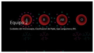 Equipo 2
Cuidados del microscopio, Clasificacion del Rpbi, Gpo sanguineo y RH.
 
