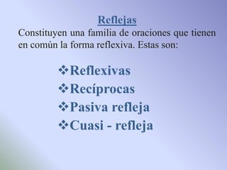 Reflejas
Constituyen una familia de oraciones que tienen
en común la forma reflexiva. Estas son:

         Reflexivas
         Recíprocas
         Pasiva refleja
         Cuasi - refleja
 