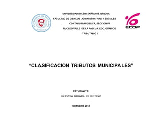 UNIVERSIDAD BICENTENARIADE ARAGUA
FACULTAD DE CIENCIAS ADMINISTRATIVAS Y SOCIALES
CONTADURIAPÚBLICA, SECCION P1
NUCLEO VALLE DE LA PASCUA, EDO. GUARICO
TRIBUTARIO I
“CLASIFICACION TRIBUTOS MUNICIPALES”
ESTUDIANTE:
VALENTINA MIRANDA C.I: 26.178.966
OCTUBRE 2018
 