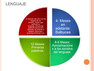 LENGUAJE
4- Meses
en
adelante:
Balbucea
8-9 Meses:
Aproximacione
s a los sonidos
del lenguaje.
12 Meses:
Primeras
palabras.
La relación del niño con los
objetos de su
entorno, hacen que
estimule su
lenguaje, porque las
palabras que al niño
aprende, se refieren a
objetos, personas y
acciones próximas a el.
 