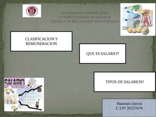 TIPOS DE SALARIOS?
QUE ES SALARIO?
CLASIFICACION Y
REMUNERACION
Jhaimara García
C.I.Nº 20237670
 