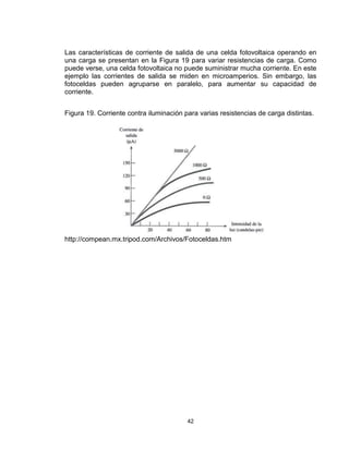 42
Las características de corriente de salida de una celda fotovoltaica operando en
una carga se presentan en la Figura 19 para variar resistencias de carga. Como
puede verse, una celda fotovoltaica no puede suministrar mucha corriente. En este
ejemplo las corrientes de salida se miden en microamperios. Sin embargo, las
fotoceldas pueden agruparse en paralelo, para aumentar su capacidad de
corriente.
Figura 19. Corriente contra iluminación para varias resistencias de carga distintas.
http://compean.mx.tripod.com/Archivos/Fotoceldas.htm
 
