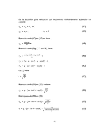 62
De la ecuación para velocidad con movimiento uniformemente acelerado se
obtiene:
(15)
(16)
Reemplazando (15) en (17) se tiene:
(17)
Reemplazando (7) y (11) en (18), tiene:
(18)
( )
( ) (19)
De (2) tiene:
√ (20)
Reemplazando (21) en (20), se tiene:
( ) √ (21)
Reemplazando (15) en (22)
( ) √ (22)
( ) √ (23)
 