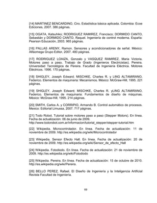 69
[14] MARTINEZ BENCARDINO, Ciro. Estadística básica aplicada. Colombia: Ecoe
Ediciones, 2007. 386 páginas.
[15] OGATA, Katsuhiko; RODRIGUEZ RAMIREZ, Francisco; DORMIDO CANTO,
Sebastián y DORMIDO CANTO, Raquel. Ingeniería de control moderna. España:
Pearson Educación, 2003. 965 páginas.
[16] PALLAS ARENY, Ramon. Sensores y acondicionadores de señal. México:
Alfaomega Grupo Editor, 2007. 480 páginas.
[17] RODRIGUEZ LOAIZA, Gonzalo y VASQUEZ RAMIREZ, Maria Victoria.
Motores paso a paso. Trabajo de Grado (Ingenieros Electricistas). Pereira.
Universidad Tecnológica de Pereira. Facultad de Ingeniería Eléctrica. Motores
Eléctricos. 1996. 170 páginas.
[18] SHIGLEY, Joseph Edward; MISCHKE, Charles R. y LING ALTAMIRANO,
Federico. Elementos de maquinaria: Mecanismos. México: McGraw-Hill, 1995. 221
páginas.
[19] SHIGLEY, Joseph Edward; MISCHKE, Charles R. yLING ALTAMIRANO,
Federico. Elementos de maquinaria: Fundamentos de diseño de máquinas.
México: McGraw-Hill, 1995. 214 páginas.
[20] SMITH, Carlos A. y CORRIPIO, Armando B. Control automático de procesos.
Mexico: Editorial Limussa, 2007. 717 páginas.
[21] Todo Robot. Tutorial sobre motores paso a paso (Stepper Motors). En línea.
Fecha de actualización: 06 de junio de 2009.
http://www.todorobot.com.ar/informacion/tutorial_stepper/stepper-tutorial.htm
[22] Wikipedia. Microcontrolador. En línea. Fecha de actualización: 11 de
noviembre de 2009. http://es.wikipedia.org/wiki/Microcontrolador
[23] Wikipedia. Sensor Efecto Hall. En línea. Fecha de actualización: 20 de
noviembre de 2009. http://es.wikipedia.org/wiki/Sensor_de_efecto_Hall
[24] Wikipedia. Fotodiodo. En línea. Fecha de actualización: 21 de noviembre de
2009. http://es.wikipedia.org/wiki/Fotodiodo
[25] Wikipedia. Pereira. En línea. Fecha de actualización: 15 de octubre de 2010.
http://es.wikipedia.org/wiki/Pereira.
[26] BELLO PEREZ, Rafael. El Diseño de Ingeniería y la Inteligencia Artificial
Revista Facultad de Ingeniería.
 