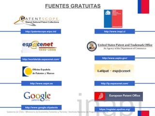 http://patentscope.wipo.int/
FUENTES GRATUITAS
http://worldwide.espacenet.com/
http://www.oepm.es
http://www.inapi.cl
http://www.uspto.gov/
https://register.epoline.org/
http://www.google.cl/patents
http://lp.espacenet.com/
 