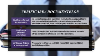 VERIFICAREA DOCUMENTELOR
Verificarea de fond
a documentului
Presupune verificarea realității, necesității, oportunității și
legalității operațiilor.
Verificarea
calculelor
aritmetice:
constă în verificarea preluării corecte în documente a datelor
cifrice şi modul de efectuare corectă a calculelor.
Verificarea formei
documentelor:
se controlează dacă: s-au utilizat formularele corespunzătoare,
s-au completat toate rubricile, s-a semnat documentul de
persoana autorizată, corecturi s-au ştersături fără a fi certificate
 