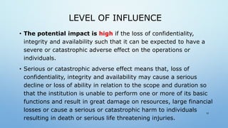 LEVEL OF INFLUENCE
• The potential impact is high if the loss of confidentiality,
integrity and availability such that it can be expected to have a
severe or catastrophic adverse effect on the operations or
individuals.
• Serious or catastrophic adverse effect means that, loss of
confidentiality, integrity and availability may cause a serious
decline or loss of ability in relation to the scope and duration so
that the institution is unable to perform one or more of its basic
functions and result in great damage on resources, large financial
losses or cause a serious or catastrophic harm to individuals
resulting in death or serious life threatening injuries.
10
 