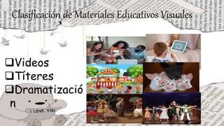Clasificación de Materiales Educativos Visuales
Videos
Títeres
Dramatizació
n
 