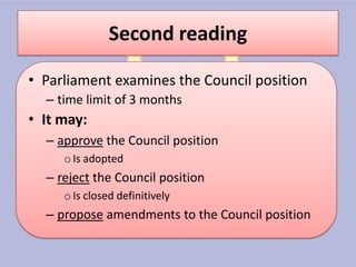 Second reading

• Parliament examines the Council position
  – time limit of 3 months
• It may:
  – approve the Council position
     o Is adopted
  – reject the Council position
     o Is closed definitively
  – propose amendments to the Council position
 