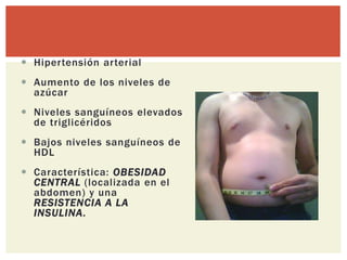  Hipertensión arterial
 Aumento de los niveles de
azúcar
 Niveles sanguíneos elevados
de triglicéridos
 Bajos niveles sanguíneos de
HDL
 Característica: OBESIDAD
CENTRAL (localizada en el
abdomen) y una
RESISTENCIA A LA
INSULINA.
 