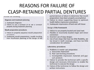 REASONS FOR FAILURE OF
CLASP-RETAINED PARTIAL DENTURES
 