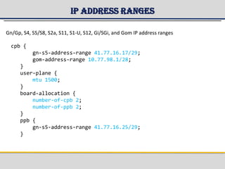 IP Address Ranges
Gn/Gp, S4, S5/S8, S2a, S11, S1-U, S12, Gi/SGi, and Gom IP address ranges
cpb {
gn-s5-address-range 41.77.16.17/29;
gom-address-range 10.77.98.1/28;
}
user-plane {
mtu 1500;
}
board-allocation {
number-of-cpb 2;
number-of-ppb 2;
}
ppb {
gn-s5-address-range 41.77.16.25/29;
}
 