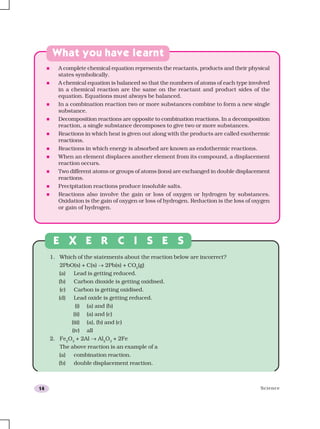 Science14
What you have learnt
A complete chemical equation represents the reactants, products and their physical
states symbolically.
A chemical equation is balanced so that the numbers of atoms of each type involved
in a chemical reaction are the same on the reactant and product sides of the
equation. Equations must always be balanced.
In a combination reaction two or more substances combine to form a new single
substance.
Decomposition reactions are opposite to combination reactions. In a decomposition
reaction, a single substance decomposes to give two or more substances.
Reactions in which heat is given out along with the products are called exothermic
reactions.
Reactions in which energy is absorbed are known as endothermic reactions.
When an element displaces another element from its compound, a displacement
reaction occurs.
Two different atoms or groups of atoms (ions) are exchanged in double displacement
reactions.
Precipitation reactions produce insoluble salts.
Reactions also involve the gain or loss of oxygen or hydrogen by substances.
Oxidation is the gain of oxygen or loss of hydrogen. Reduction is the loss of oxygen
or gain of hydrogen.
E X E R C I S E S
1. Which of the statements about the reaction below are incorrect?
2PbO(s) + C(s) → 2Pb(s) + CO2
(g)
(a) Lead is getting reduced.
(b) Carbon dioxide is getting oxidised.
(c) Carbon is getting oxidised.
(d) Lead oxide is getting reduced.
(i) (a) and (b)
(ii) (a) and (c)
(iii) (a), (b) and (c)
(iv) all
2. Fe2
O3
+ 2Al → Al2
O3
+ 2Fe
The above reaction is an example of a
(a) combination reaction.
(b) double displacement reaction.
 