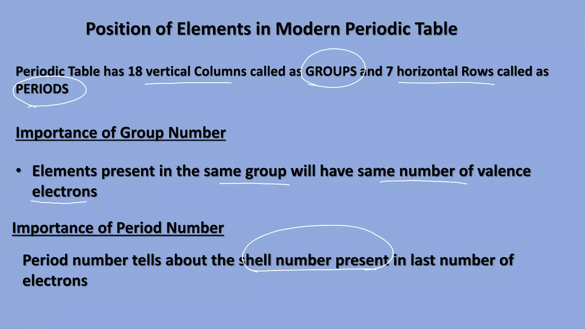 Position of Elements in Modern Periodic Table
Periodic Table has 18 vertical Columns called as GROUPS and 7 horizontal Rows called as
PERIODS
Importance of Group Number
• Elements present in the same group will have same number of valence
electrons
Importance of Period Number
Period number tells about the shell number present in last number of
electrons
 
