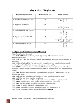Oxy acids of Phosphorous
Oxy acid of phosphorous Oxidation state of P Lewis Structure
1. Hypophosporus acid (H3PO2) +1 H O P
H
O H
2. hosporus acid (H3PO3) +3
H O
O
P
H
O H
3. Orthophosphoric acid (H3PO4) +5
H O
O
P
O
O
H
H
4. Pyrophosphoric acid (H4P2O7) +5
H O
O
P
O
O
H
O
P
O
O
H
H
5. Metaphosphoric acid ( HPO3) +5
O
O
P
H
O
NEB past questions-Phosphorus (Old course)
Very Short Questions (2 marks)
NEB 2070, 2069 Give the molecular formula of followings i) Hypophosporus acid ii)
Orthophosphoric acid
NEB 2074, 2071, 2067 Give a balance chemical equation for the preparation of Phosphine gas in
laboratory.
NEB 2068, 2061, 2060, 2056 What happens when white phosphorus is heated with concentrated
solution of caustic soda? ( hint : see the rxn of lab preparation of PH3)
NEB 2063 What happens when the gas produced by the action of white phosphorus with sodium
hydroxide is passed through silver nitrate solution? ( see the lab prep of PH3 and reducing property
of PH3)
NEB 2064, Write the chemical action of white phosphorus on aqueous KOH solution? ( see the
reaction of White P)
NEB 2066 Name any two allotropes of phosphorus, why is phosphorus stored in water?
NEB 2065 Write uses of red and white phosphorus
NEB 2062 what happens when white phosphorus is exposed in air? (See phosphorescence)
NEB 2064 Write the chemical action of white phosphorus on conc. Nitric acid?
NEB 2061, 2057 how is white phosphorus converted in red phosphorus?
NEB 2059 What is effect of heat on Orthophosphoric acid?
NEB 2054 Write the Lewis structure of Orthophosphoric acid and phosphate ion.
NEB 2051 Write the short notes on phosphorus allotropes (5 marks)
22
Govinda Pathak, Department of Chemistry, Rehdon college and school.
 