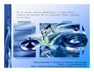 En un sujeto adulto sedentario, el equilibrio
   hídrico se obtiene de la siguiente forma (valores
   en mL/día):

    entradas                                                  salidas
                                                           • Orina (1200-1400)
• Bebidas (1100-1200)

                                                           • Heces (100-200)

• Alimentos (900-1000)         Agua interna
                              60% peso total               • Transpiración (300-900)


• Agua metabólica (300)                                    • Pérdida pulmonar (300)


Total 2300-2500 mL                                          Total 2300-2500 mL
                      Palacios Gil-Antuñano, N. Actividad física, hidratación y sales minerales
                                                          Bóveda, J.L. La Vanguardia 2/VII/1993
                    Bankir, L. Nutrition et boisons en eau (dossier scientifique n.15) 2004:43-46
 
