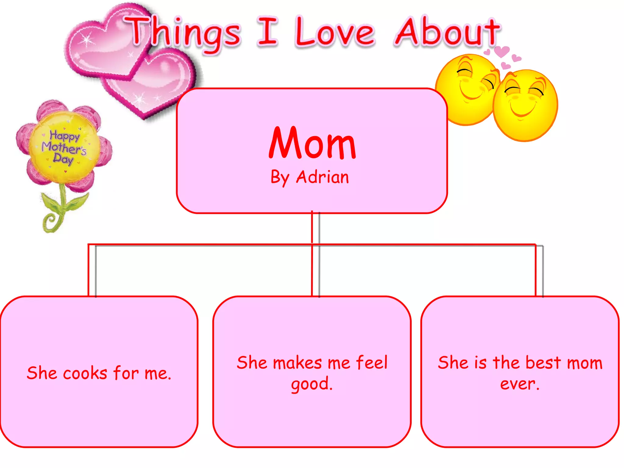 Mom By Adrian  She cooks for me. She makes me feel good. She is the best mom ever. 