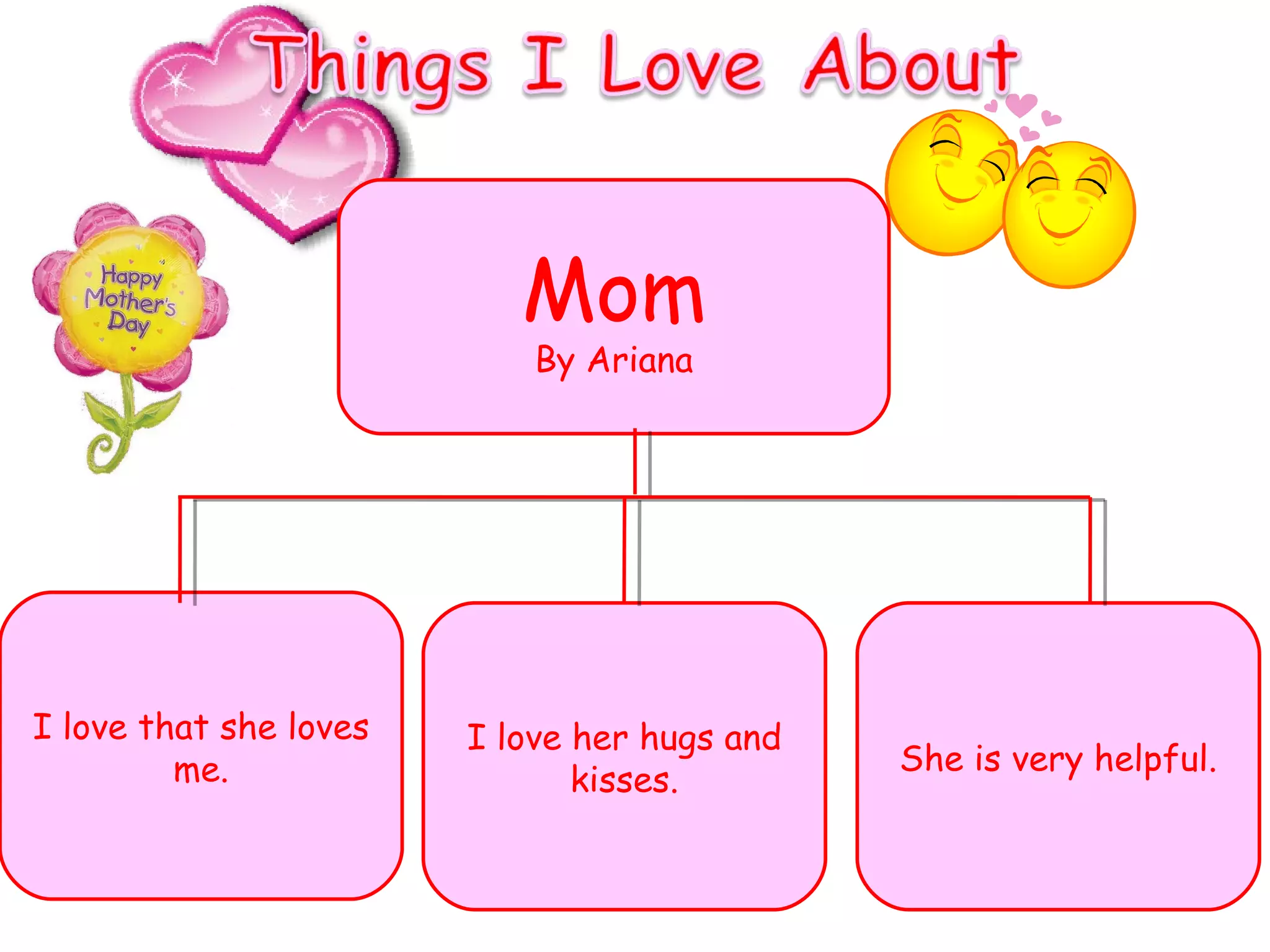 Mom By Ariana I love that she loves me. I love her hugs and kisses. She is very helpful. 