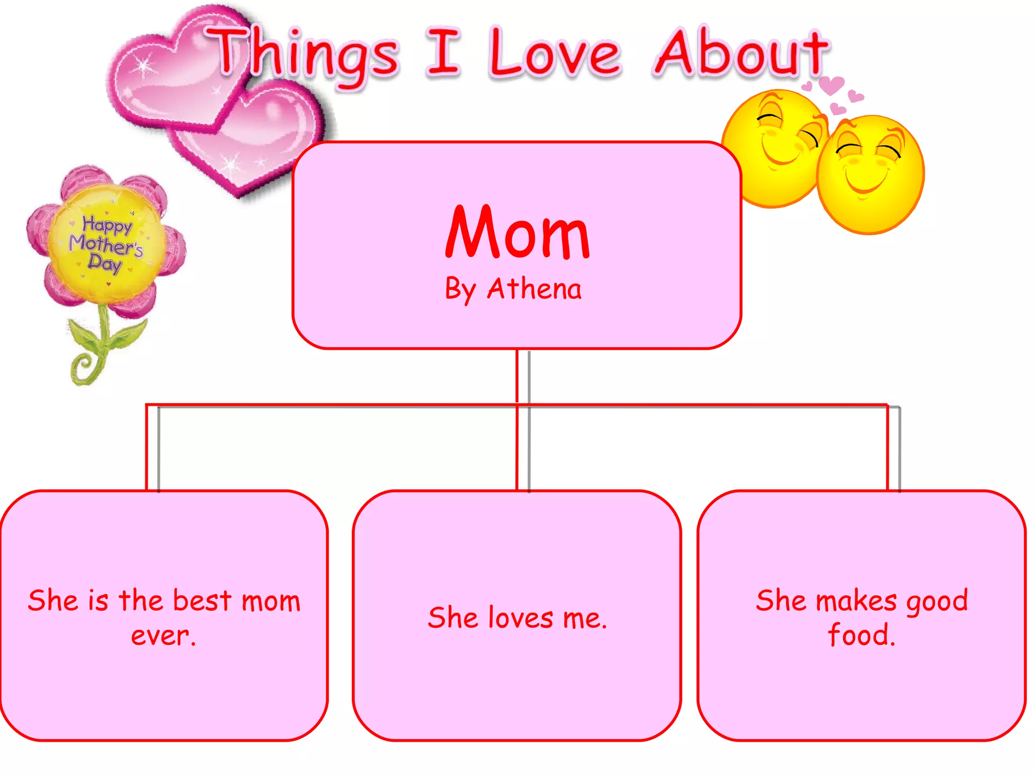 Mom By Athena  She is the best mom ever. She loves me. She makes good food. 