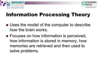 Information Processing Theory
 Uses the model of the computer to describe
how the brain works.
 Focuses on how information is perceived,
how information is stored in memory, how
memories are retrieved and then used to
solve problems.
 