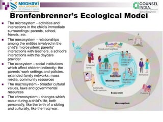 Bronfenbrenner’s Ecological Model
 The microsystem - activities and
interactions in the child's immediate
surroundings: parents, school,
friends, etc.
 The mesosystem - relationships
among the entities involved in the
child's microsystem: parents'
interactions with teachers, a school's
interactions with the daycare
provider
 The exosystem - social institutions
which affect children indirectly: the
parents' work settings and policies,
extended family networks, mass
media, community resources
 The macrosystem - broader cultural
values, laws and governmental
resources
 The chronosystem - changes which
occur during a child's life, both
personally, like the birth of a sibling
and culturally, like the Iraqi war.
 