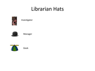Librarian Hats 
Investigator 
Manager 
Geek 
 