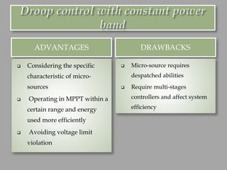 ADVANTAGES DRAWBACKS
❑ Considering the specific
characteristic of micro-
sources
❑ Operating in MPPT within a
certain range and energy
used more efficiently
❑ Avoiding voltage limit
violation
❑ Micro-source requires
despatched abilities
❑ Require multi-stages
controllers and affect system
efficiency
 