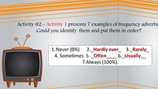 1.Never (0%) 2._Hardly ever_ 3._Rarely_
4. Sometimes 5. _Often____ 6._Usually__
7.Always (100%).
Activity #2.- Activity 1 presents 7 examples of frequency adverbs
Could you identify them and put them in order?
 