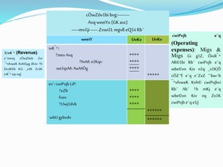 cÖwZôv‡bibvg:--------
AvqweeiYx (GK avc)
-----mv‡ji-----Zvwi‡LmgvßeQ‡ii Rb¨
weeiY UvKv UvKv
ivR¯^:
†mev Avq
†hvM: e‡Kqv
we‡qvM: AwMÖg
****
****
****
*****
ev`: cwiPvjb LiP:
†eZb
fvov
†Uwj‡dvb
wbU gybvdv
****
****
****
******
******
1|ivR¯^ (Revenue):
e¨emvq cÖwZôvb Zvi
¯^vfvweK Kvh©µg Øviv †h
DcvR©b K‡i _v‡K Zv‡K
ivR¯^ejvnq|
cwiPvjb e¨q
(Operating
expenses): Migs &
Migs Gi g‡Z, ÔivR¯^
AR©‡bi Rb¨ cwiPvjb e¨q
wbe©vn Kiv n‡q _v‡K|Õ
cÖZ¨¶ e¨q e¨ZxZ ˆ`bw›`b
¯^vfvweK Kvh© cwiPvjbvi
Rb¨ Ab¨ †h mKj e¨q
wbe©vn Kiv nq Zv‡K
cwiPvjb e¨q e‡j|
 