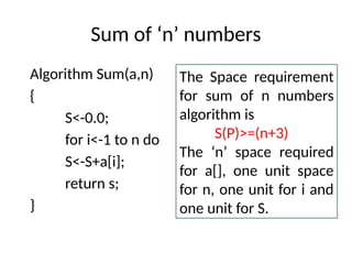 Sum of ‘n’ numbers
Algorithm Sum(a,n)
{
S<-0.0;
for i<-1 to n do
S<-S+a[i];
return s;
}
The Space requirement
for sum of n numbers
algorithm is
S(P)>=(n+3)
The ‘n’ space required
for a[], one unit space
for n, one unit for i and
one unit for S.
 