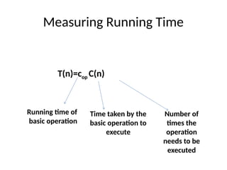 T(n)=cop C(n)
Measuring Running Time
Running time of
basic operation
Time taken by the
basic operation to
execute
Number of
times the
operation
needs to be
executed
 