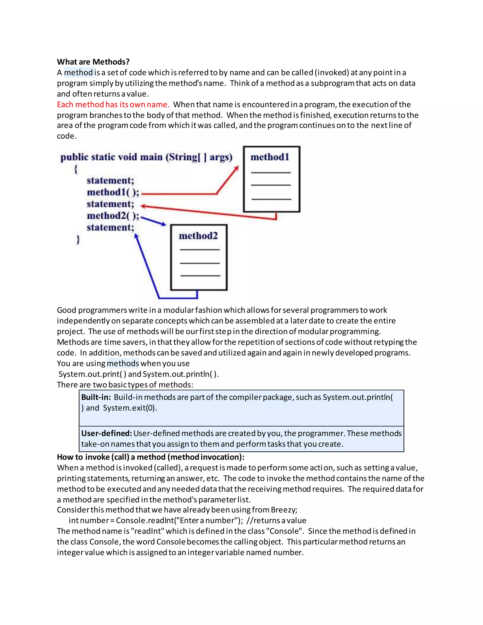 What are Methods?
A methodisa setof code whichisreferredtoby name and can be called(invoked) atanypointina
program simplybyutilizingthe method'sname. Thinkof a methodasa subprogramthat acts on data
and oftenreturnsavalue.
Each methodhas itsownname. Whenthat name is encounteredinaprogram, the executionof the
program branchestothe bodyof that method. Whenthe methodisfinished,executionreturnstothe
area of the programcode from whichitwas called,andthe programcontinuesonto the nextline of
code.
Good programmerswrite ina modularfashionwhichallowsforseveral programmerstowork
independentlyonseparate conceptswhichcanbe assembledata laterdate to create the entire
project. The use of methodswill be ourfirststepinthe directionof modularprogramming.
Methodsare time savers,inthattheyallow forthe repetitionof sectionsof code withoutretypingthe
code. In addition,methodscanbe savedandutilizedagainandagaininnewlydevelopedprograms.
You are usingmethods whenyouuse
System.out.print( ) andSystem.out.println( ).
There are twobasictypesof methods:
Built-in: Build-inmethodsare partof the compilerpackage,suchas System.out.println(
) and System.exit(0).
User-defined:User-definedmethodsare createdbyyou,the programmer.These methods
take-onnamesthatyouassignto themand performtasksthat youcreate.
How to invoke (call) a method (methodinvocation):
Whena methodisinvoked(called),arequestismade toperformsome action,suchas settingavalue,
printingstatements,returningananswer,etc. The code to invoke the methodcontainsthe name of the
methodtobe executedandanyneededdatathatthe receivingmethodrequires. The requireddatafor
a methodare specified inthe method'sparameterlist.
Considerthismethodthatwe have alreadybeenusingfromBreezy;
intnumber= Console.readInt("Enteranumber"); //returnsavalue
The methodname is"readInt"whichisdefinedinthe class"Console". Since the methodisdefinedin
the class Console,the word Consolebecomesthe callingobject. Thisparticularmethodreturnsan
integervalue whichisassignedtoanintegervariable named number.
 
