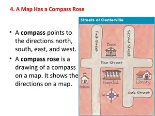 4. A Map Has a Compass Rose
• A compass points to
the directions north,
south, east, and west.
• A compass rose is a
drawing of a compass
on a map. It shows the
directions on a map.
 