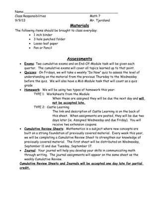 Name:________________________________________________
Class Responsibilities Math 7
9/9/13 Mr. Tjersland
Materials
The fol...