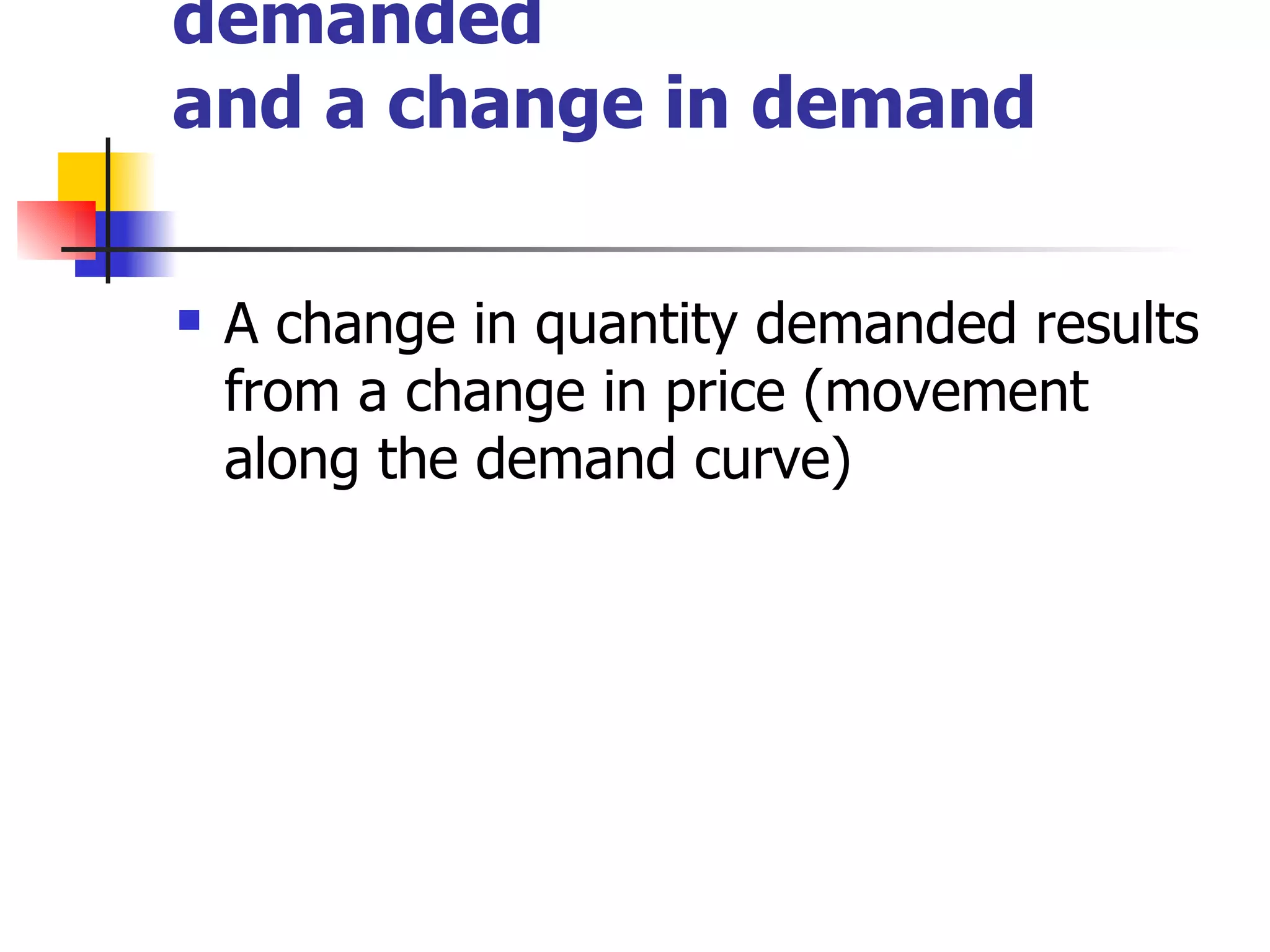 Change in quantity demanded and a change in demand A change in quantity demanded results from a change in price (movement along the demand curve) 