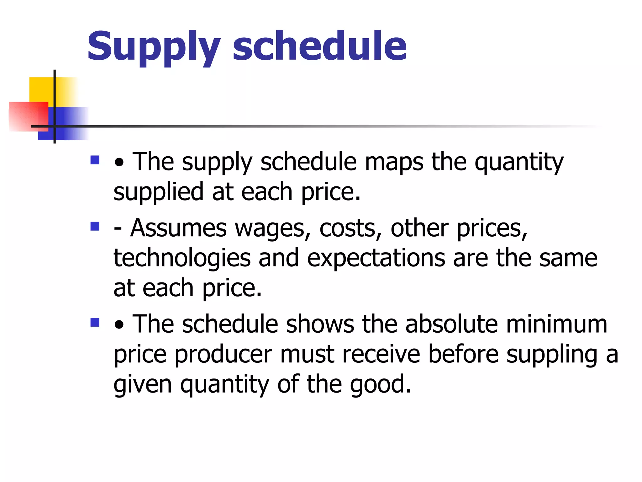Supply schedule •  The supply schedule maps the quantity supplied at each price. - Assumes wages, costs, other prices, technologies and expectations are the same at each price. •  The schedule shows the absolute minimum price producer must receive before suppling a given quantity of the good. 